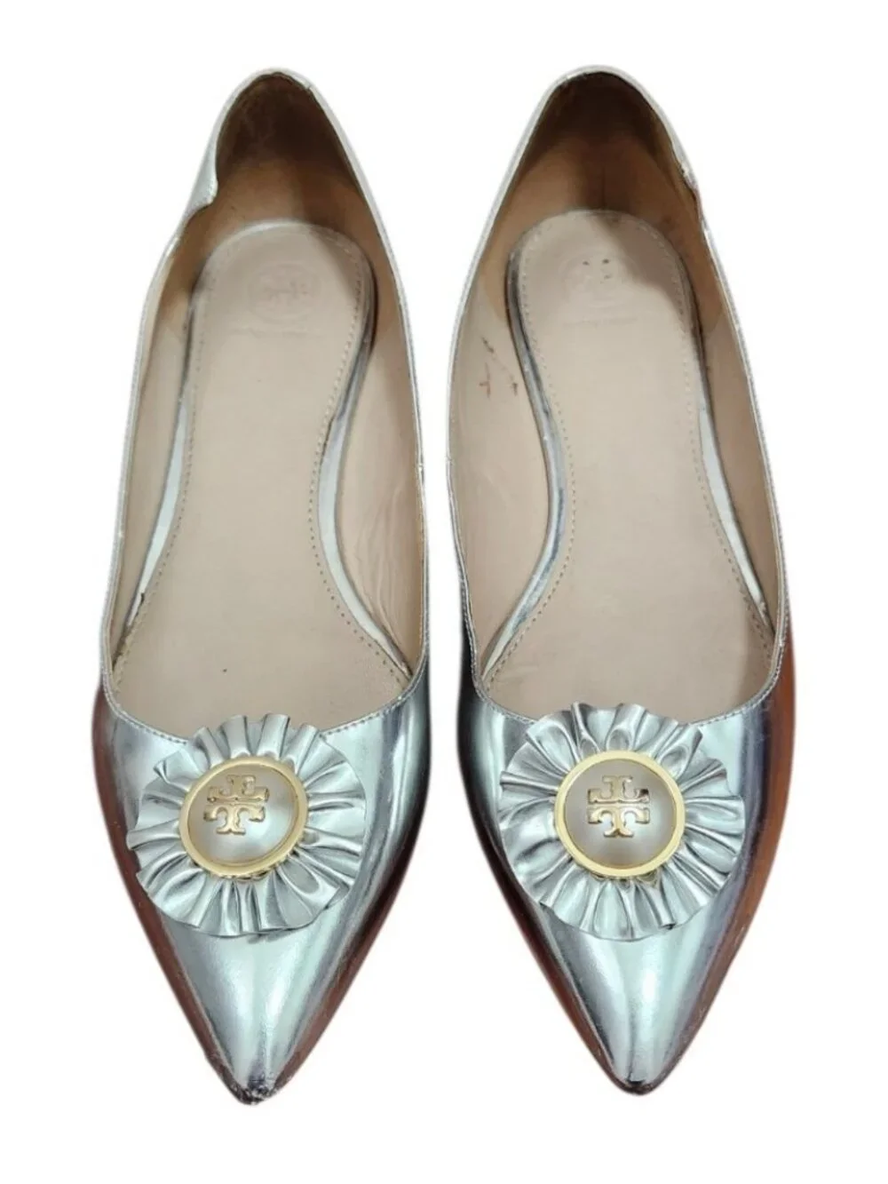 Tory Burch Silver Metallic Leather Pointed Toe Logo Ballet Flats Women's 10.5M